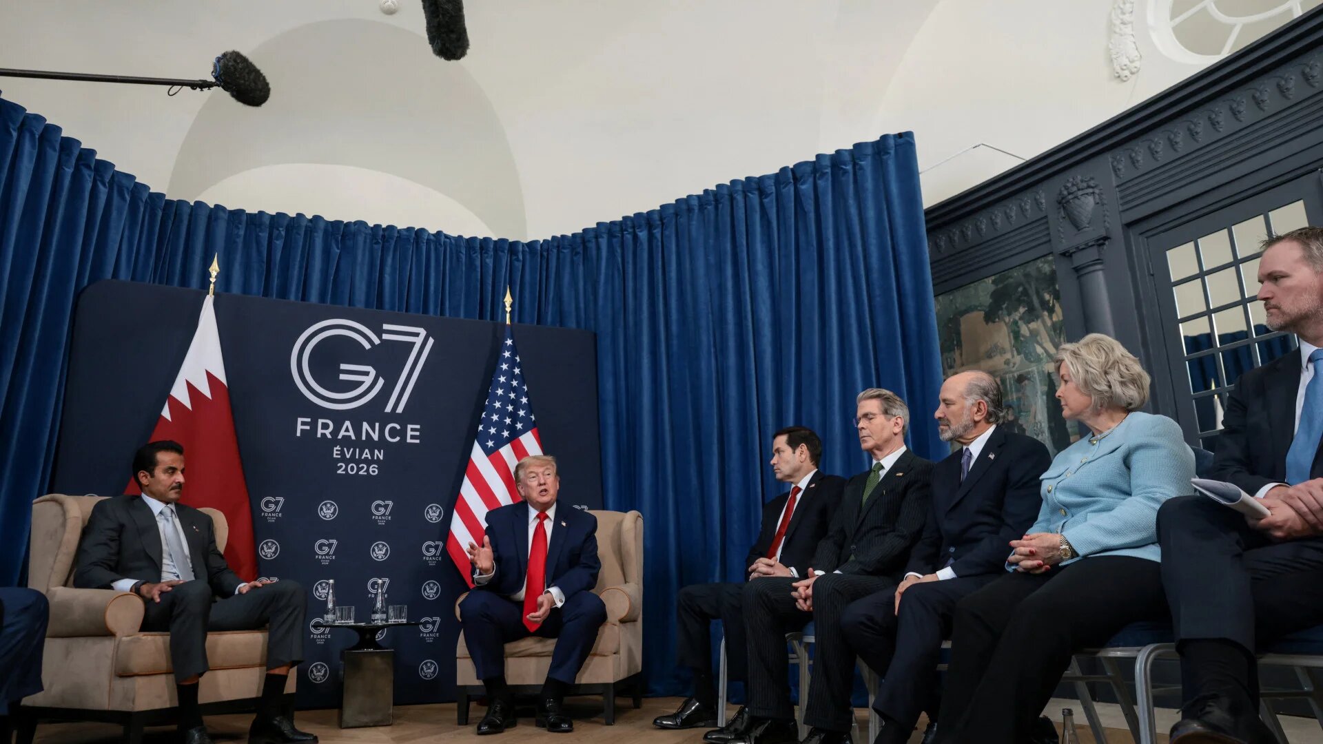 US President Donald Trump meets Emir of Qatar Sheikh Tamim bin Hamad Al Thani on the sidelines of the G7 summit in Evian-les-Bains, France, on 16 June 2026 (Evelyn Hockstein/Reuters)