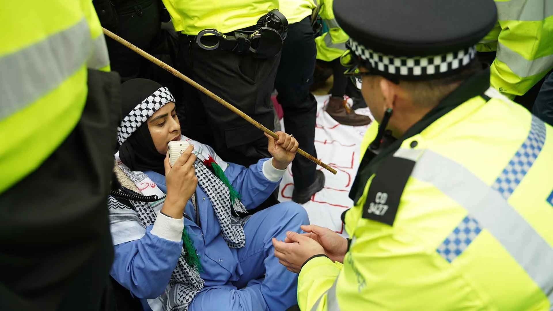 A pro-Palestine protestor surrounded by police, November 2023, London (MEE/Katherine hearst)