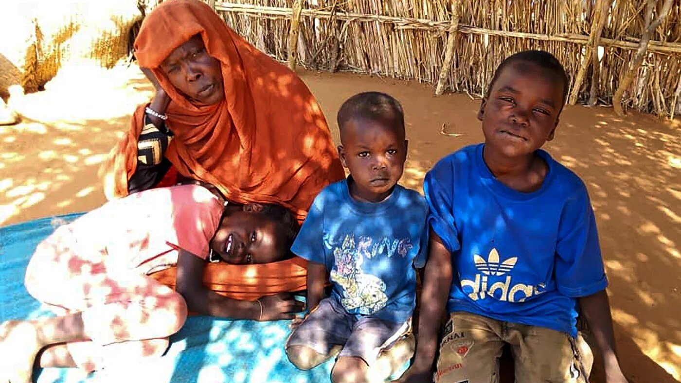 Displaced Sudanese mother Mona Ibrahim and her children sit on the ground in the famine-stricken Zamzam camp for Internally Displaced Persons (IDP) in northern Darfur on 21 January 2025 (AFP)