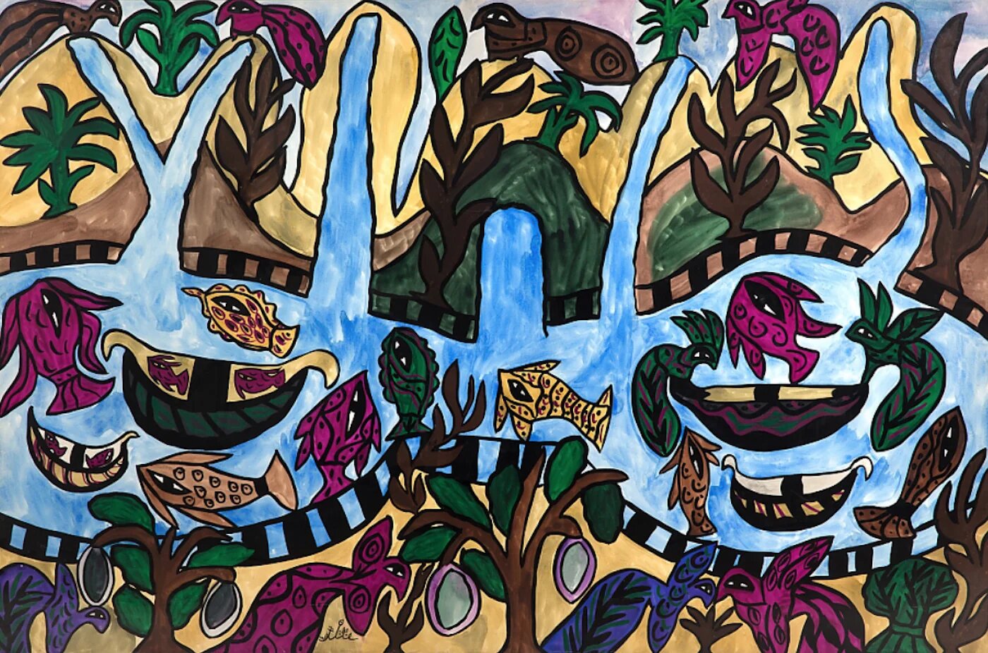 Baya, Paysage (Jardin d’Éden), 1966. Gouache sur papier, 100 x 150 cm (collection particulière)