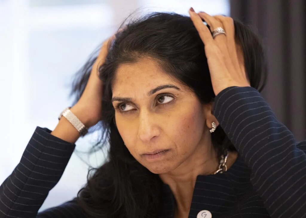 Britain's Home Secretary Suella Braverman attends a bilateral meeting with the German Interior Minister during a G7 Interior Ministers Meeting in Eltville am Rhein, western Germany on November 17, 2022