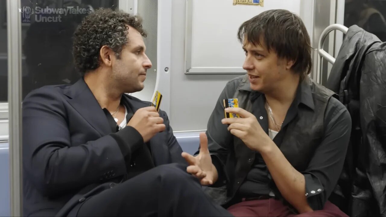The Strokes frontman Julian Casablancas (right) being interviewed by comedian Kareem Rahma for his online talk show (Screengrab/YouTube/@subwaytakes)