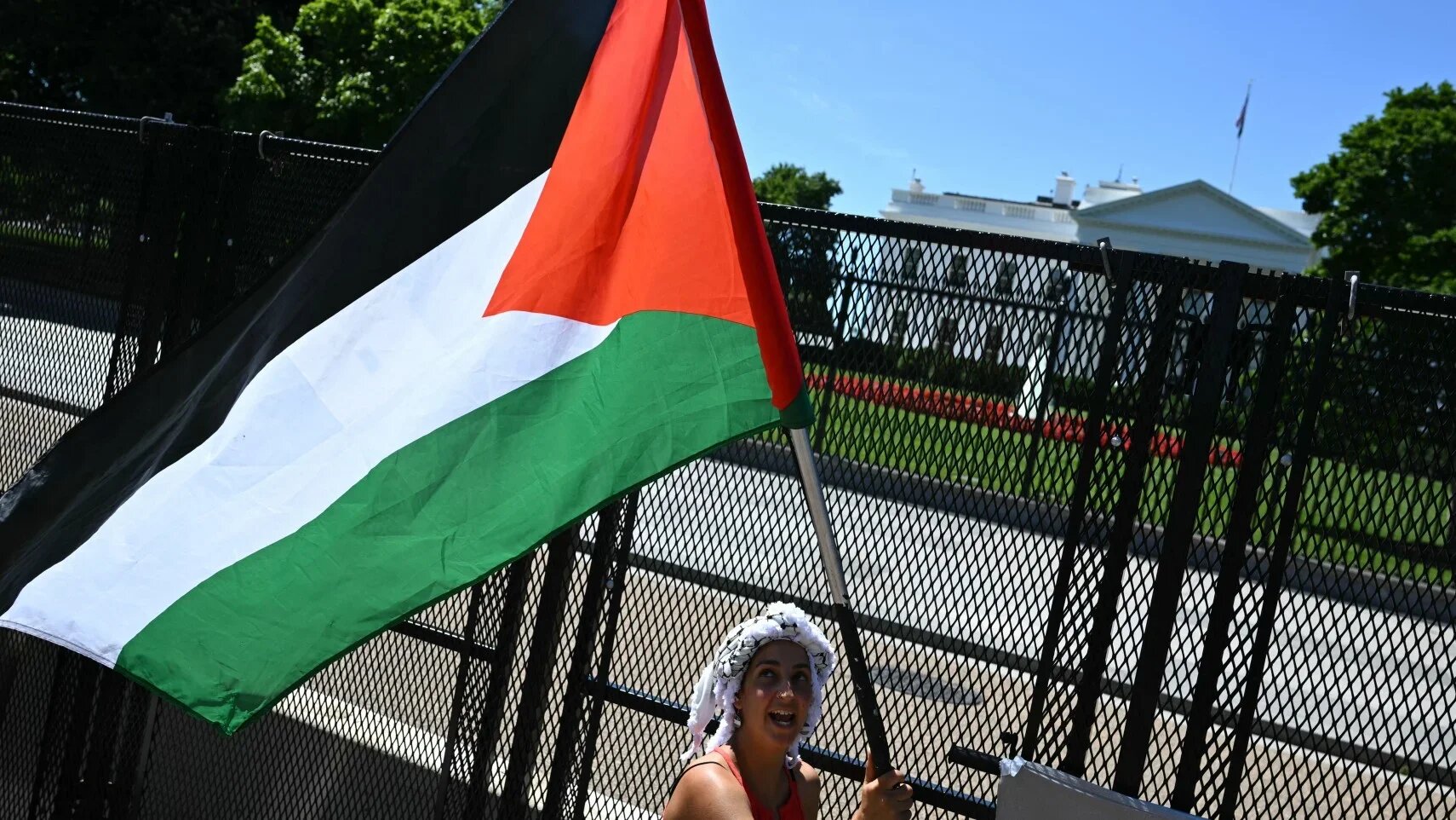 A pro-Palestinian demonstrator waves a Palestinian flag near fencing outside the White House in Washington on 8 June 2024 (AFP)