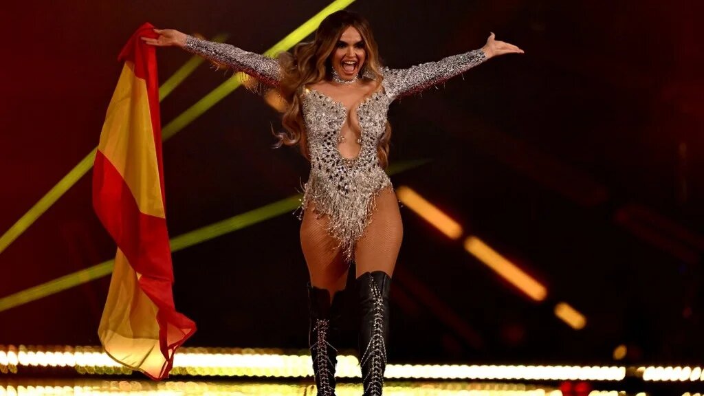 Spanish singer Melody representing Spain with the song Esa Diva during the competition in Basel on 17 May 2025 (Fabrice Coffrini/AFP)
