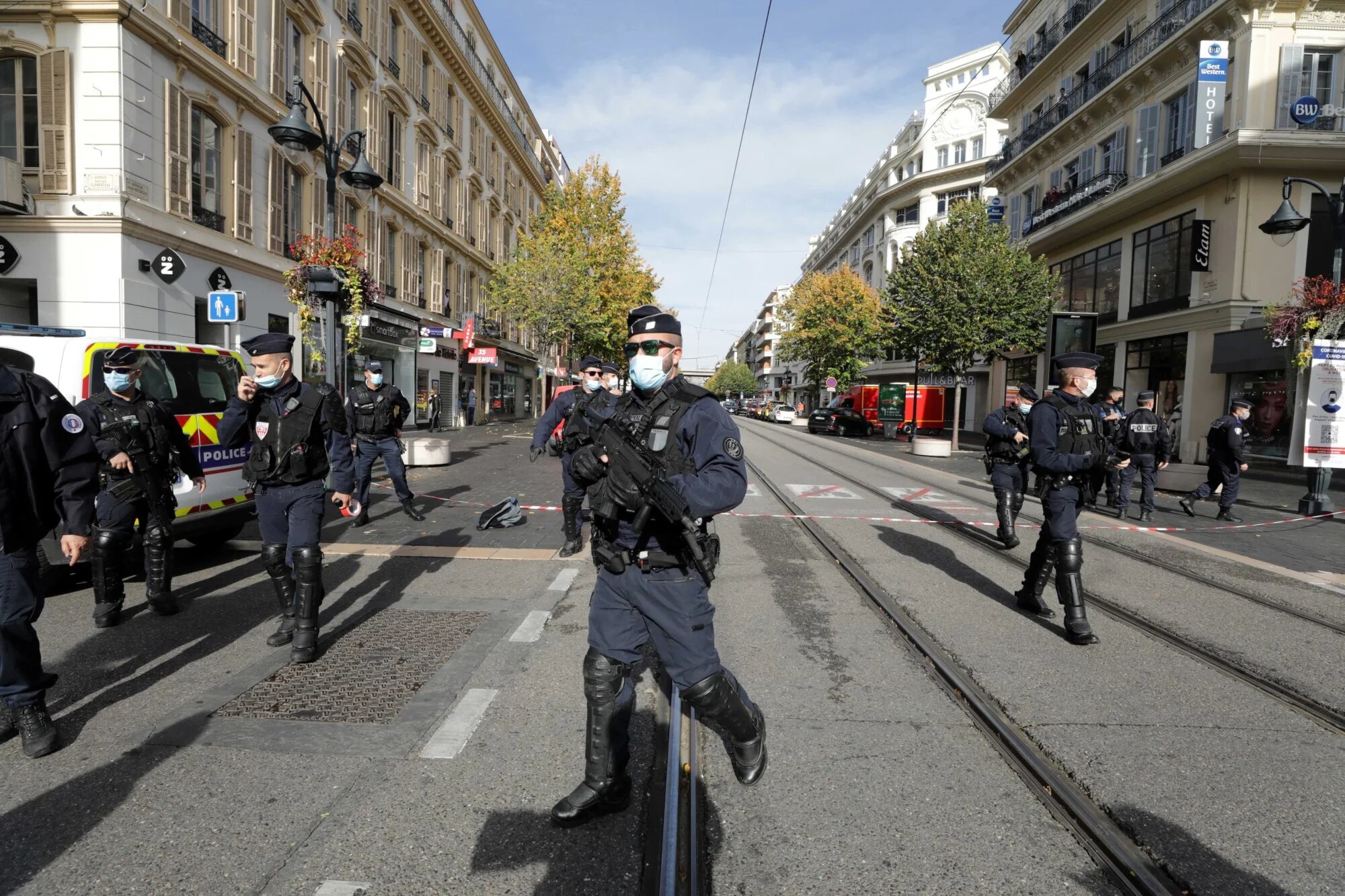 French security forces guard the area after a reported knife attack at Notre Dame church in Nice, France