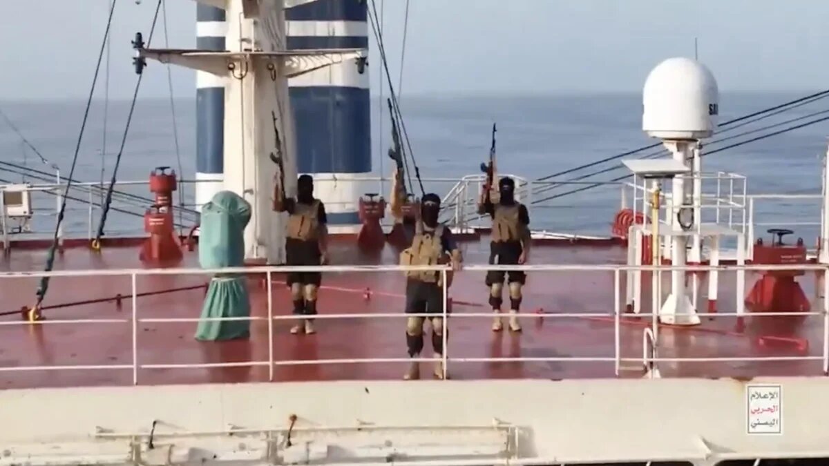 Houthi fighters can be seen on The Magic Seas after capturing the Greek-owned vessel in the Red Sea on 6 July 2025 (Houthi media office/screen grab)