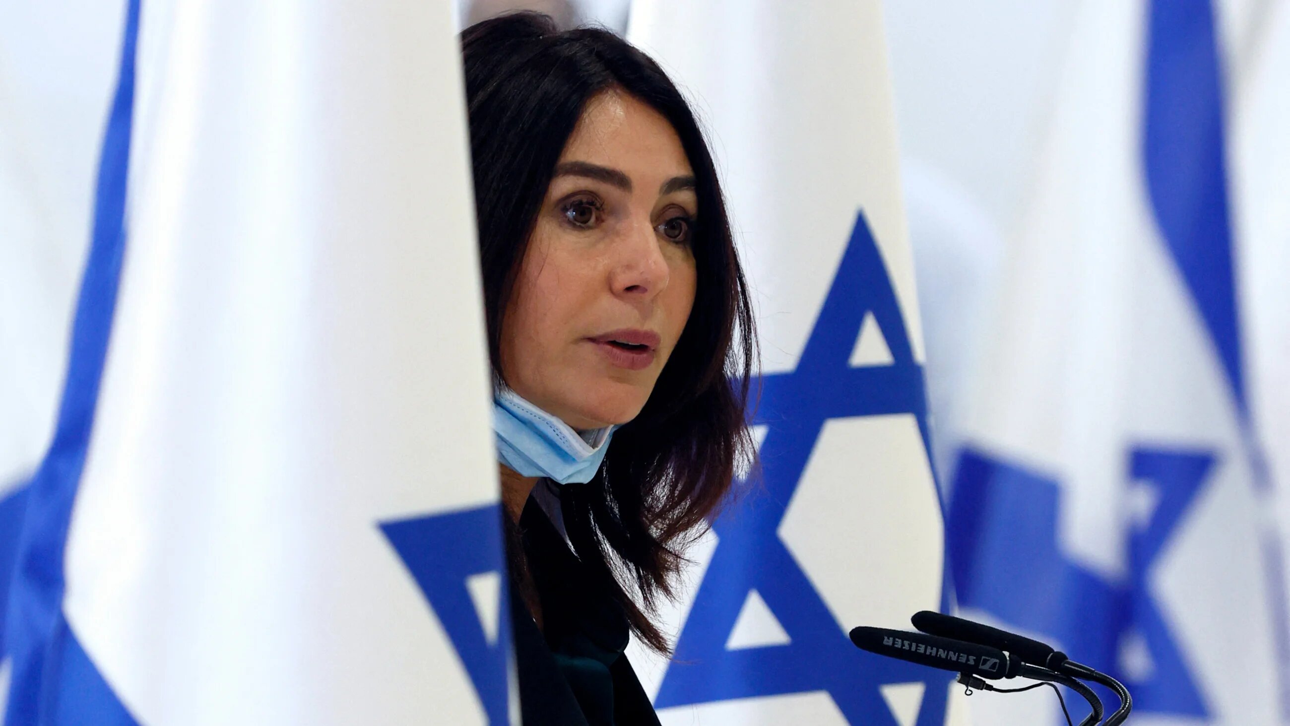 Israeli Transport Minister Miri Regev speaks during a presser at Ben Gurion International Airport near Tel Aviv, 8 March 2021 (AFP)