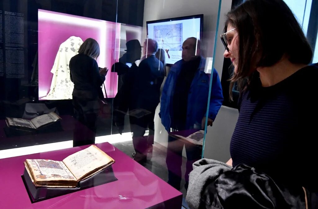 The Jewish Hagaddah displayed in the National Museum of Bosnia and Herzegovina, Sarajevo, in February 2018 (Elvis Barukcic/AFP)