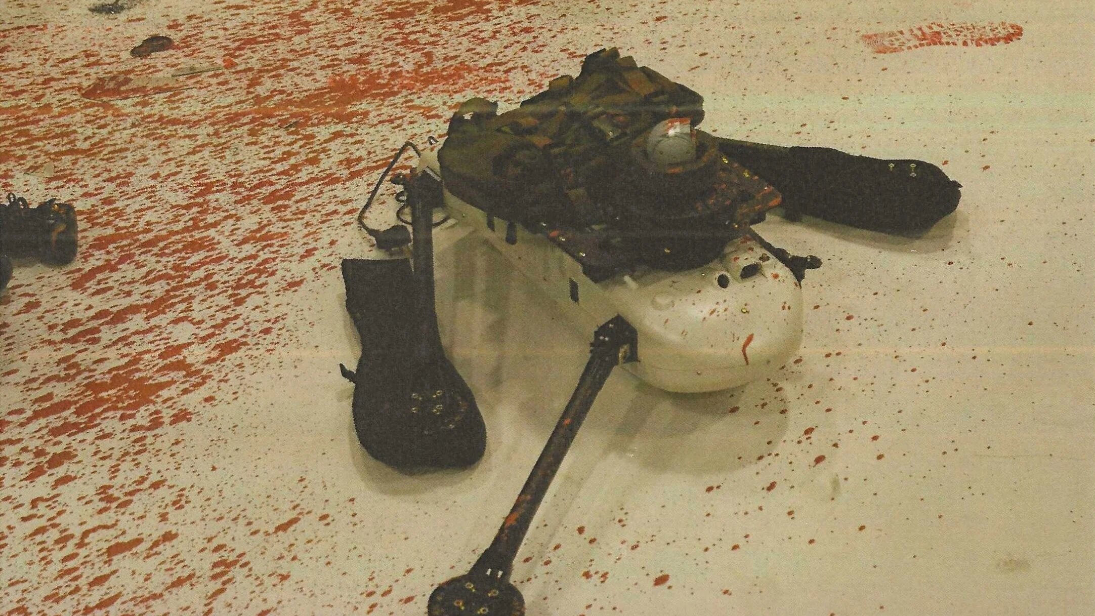 An image of a quadcopter drone damaged in the raid on the Elbit Systems factory near Bristol (Supplied)