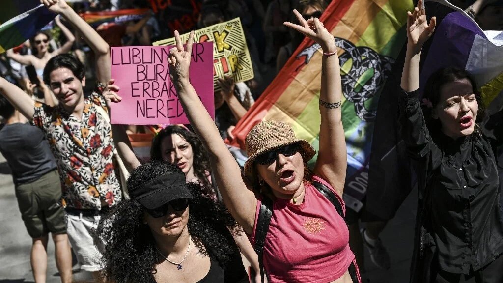 Protesters at an LGBT Pride March in the Kadikoy district of Istanbul on 30 June 2024 (Kemal Aslan/AFP)