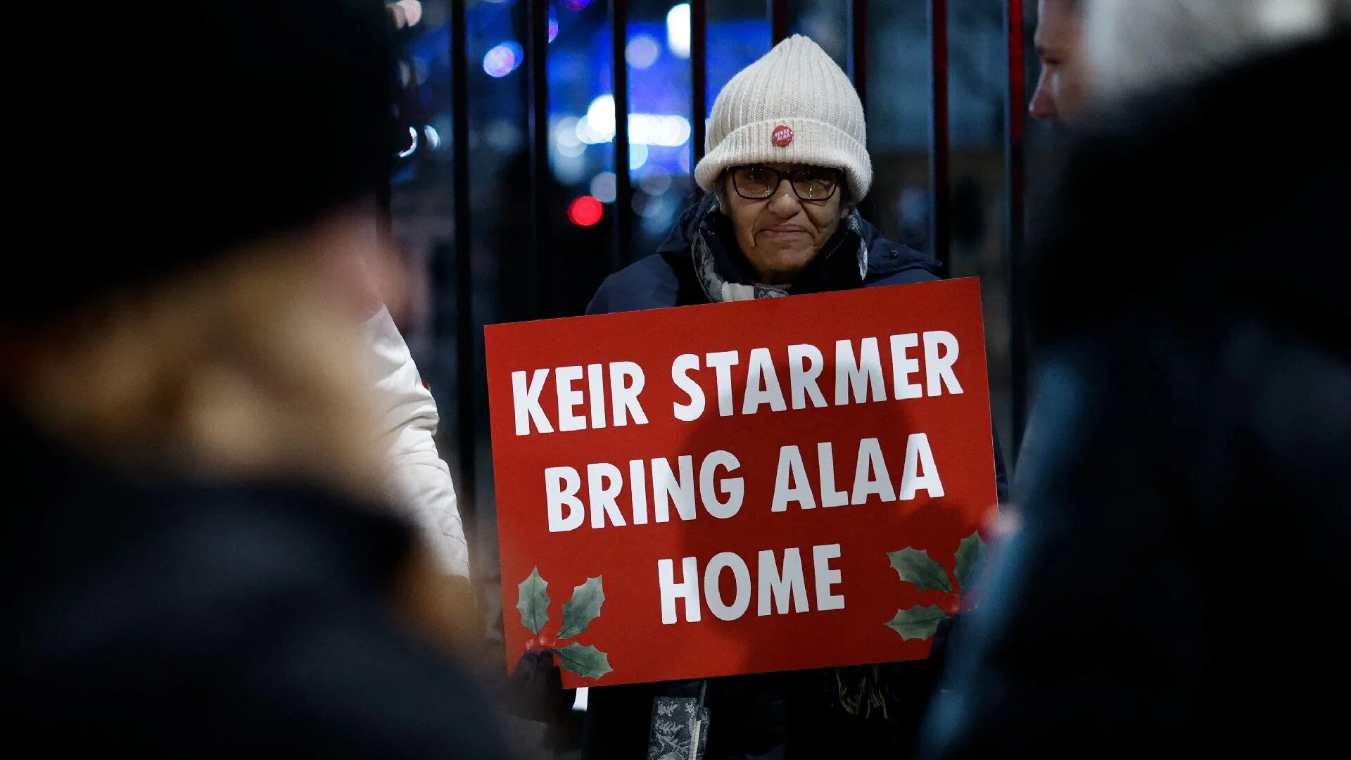 Laila Soueif, mother of jailed activist Alaa Abdel Fattah, takes part in a vigil opposite 10 Downing Street in London on 19 December 2024 (AFP)