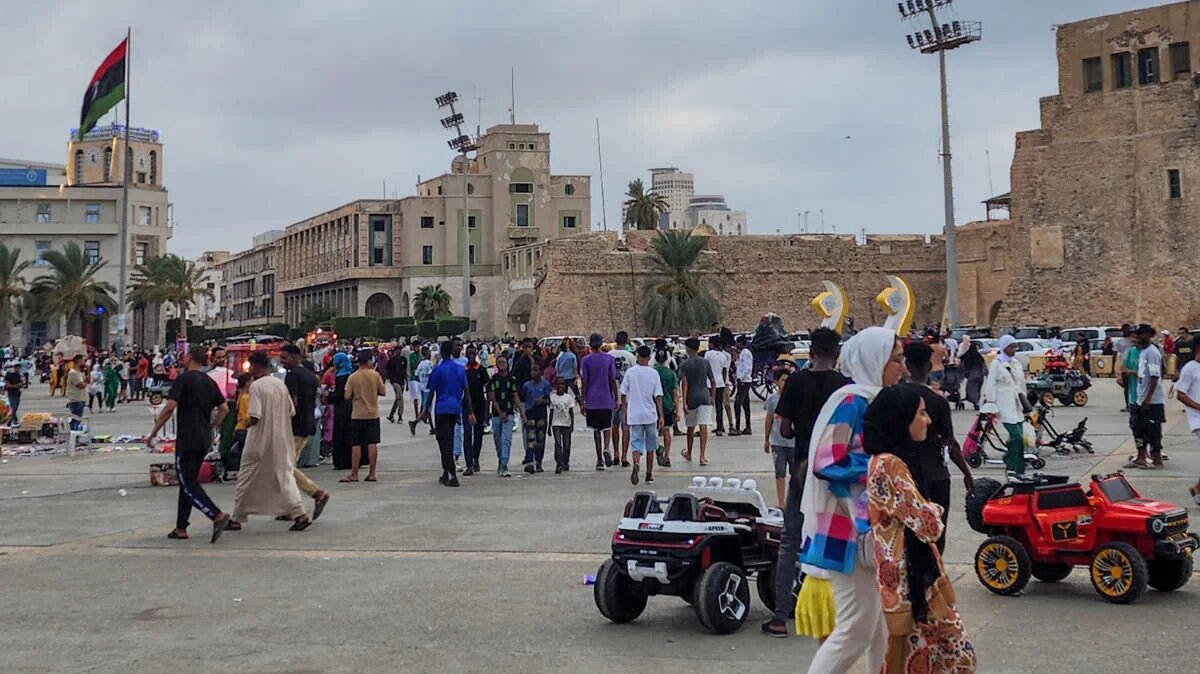 Libyans gather at the Martyrs' Square in Tripoli on 28 August, 2023 following protests against an informal meeting between the country's foreign minister and her Israeli counterpart.