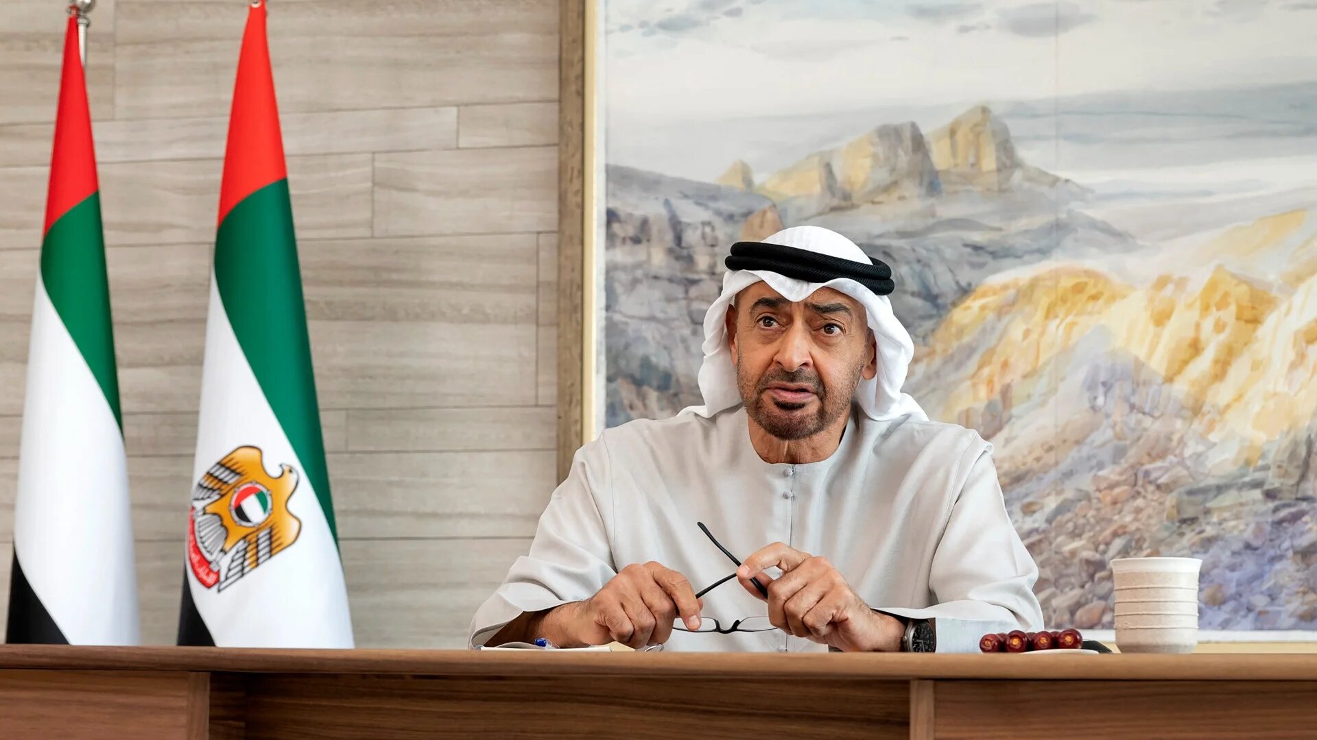 UAE President Sheikh Mohammed bin Zayed Al Nahyan attends the virtual meeting with leaders of the “I2U2” group in Abu Dhabi on 14 July 2022 (AFP)