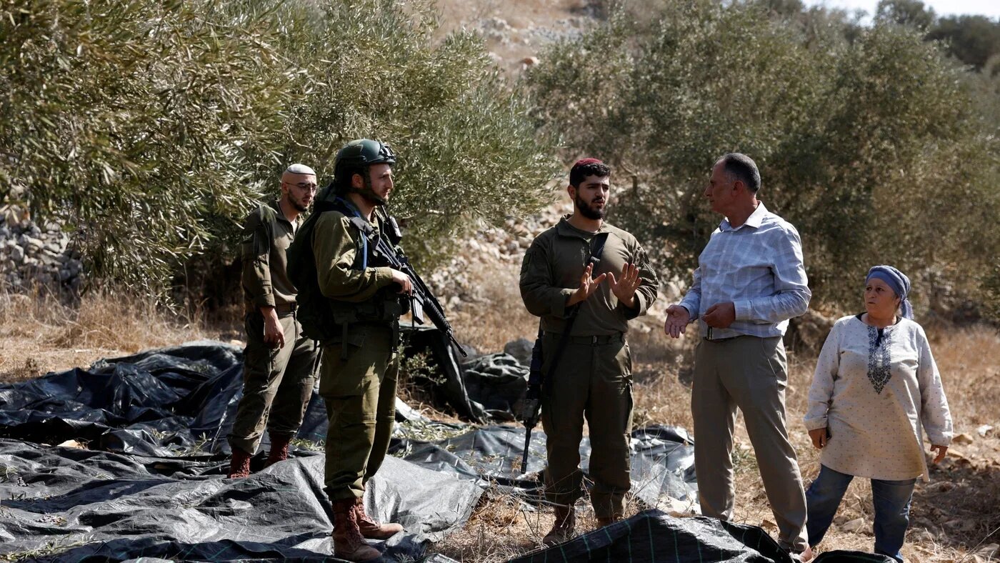 Israeli soldiers block Palestinian farmers from harvesting olives near Nablus in the occupied West Bank, on 16 October 2024 (Mohammed Torokman/Reuters)