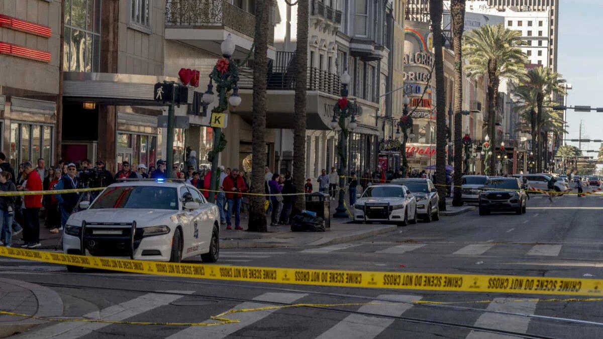 The French Quarter, near Bourbon Street, is blocked off late morning with a heavy police and FBI presence after a terrorist attack early in the morning in New Orleans, Louisiana, on 1 January 2025.