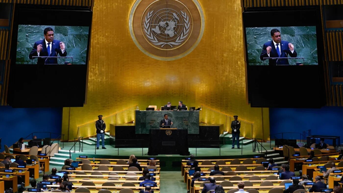 Laurent Saint-Cyr, chairman of Haiti's Transitional Presidential Council, speaks during the General Debate of the United Nations General Assembly in New York City on 25 September 2025 (Timothy A Clary/AP)