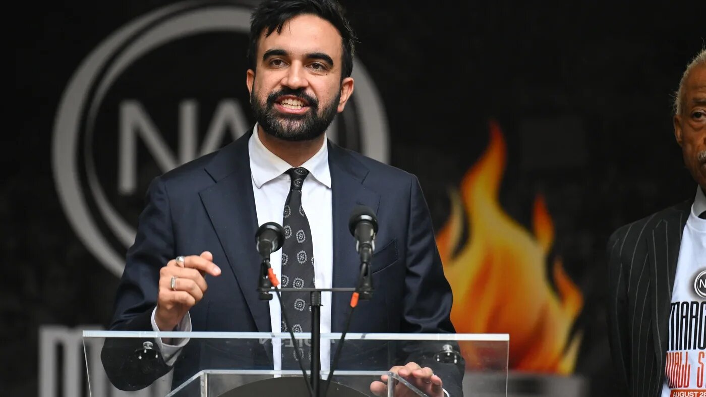 New York City mayoral candidate Zohran Mamdani speaks during the "March on Wall Street" to call for economic justice on 28 August 2025, in New York City (Angela Weiss/AFP)