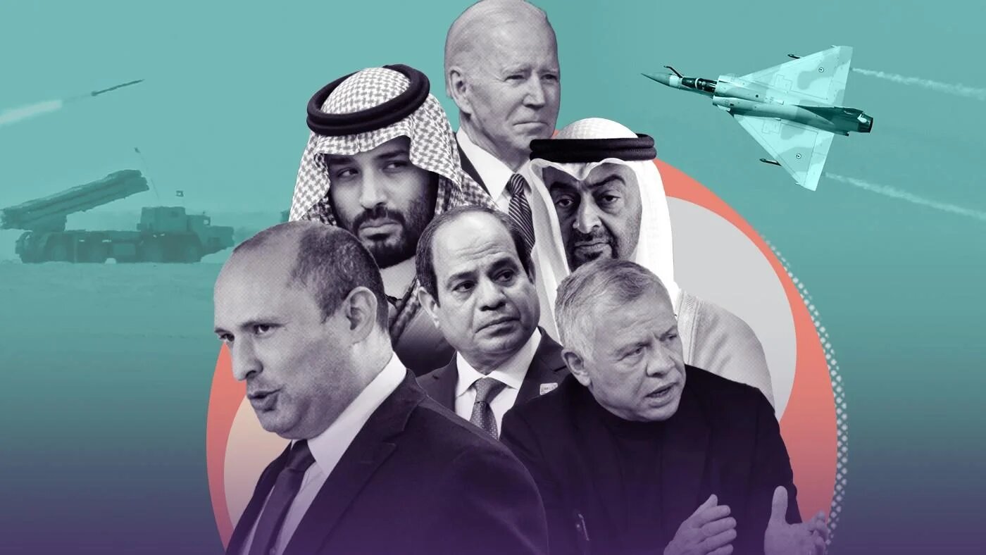 « Les revendications des responsables israéliens en faveur d’un renforcement militaire régional contre l’Iran rappellent la vision d’une “OTAN arabe” de l’ancien président Donald Trump » (illustration de MEE)