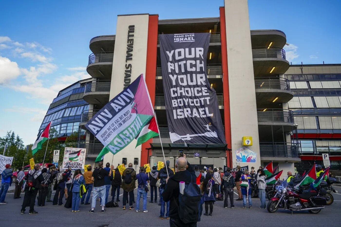 Members of the Action Group for Palestine demonstrate outside the Ullevaal Stadium in Oslo on 17 September 2025, ahead of the 2026 World Cup Group I qualifier football match between Norway and Israel on 11 October (AFP)