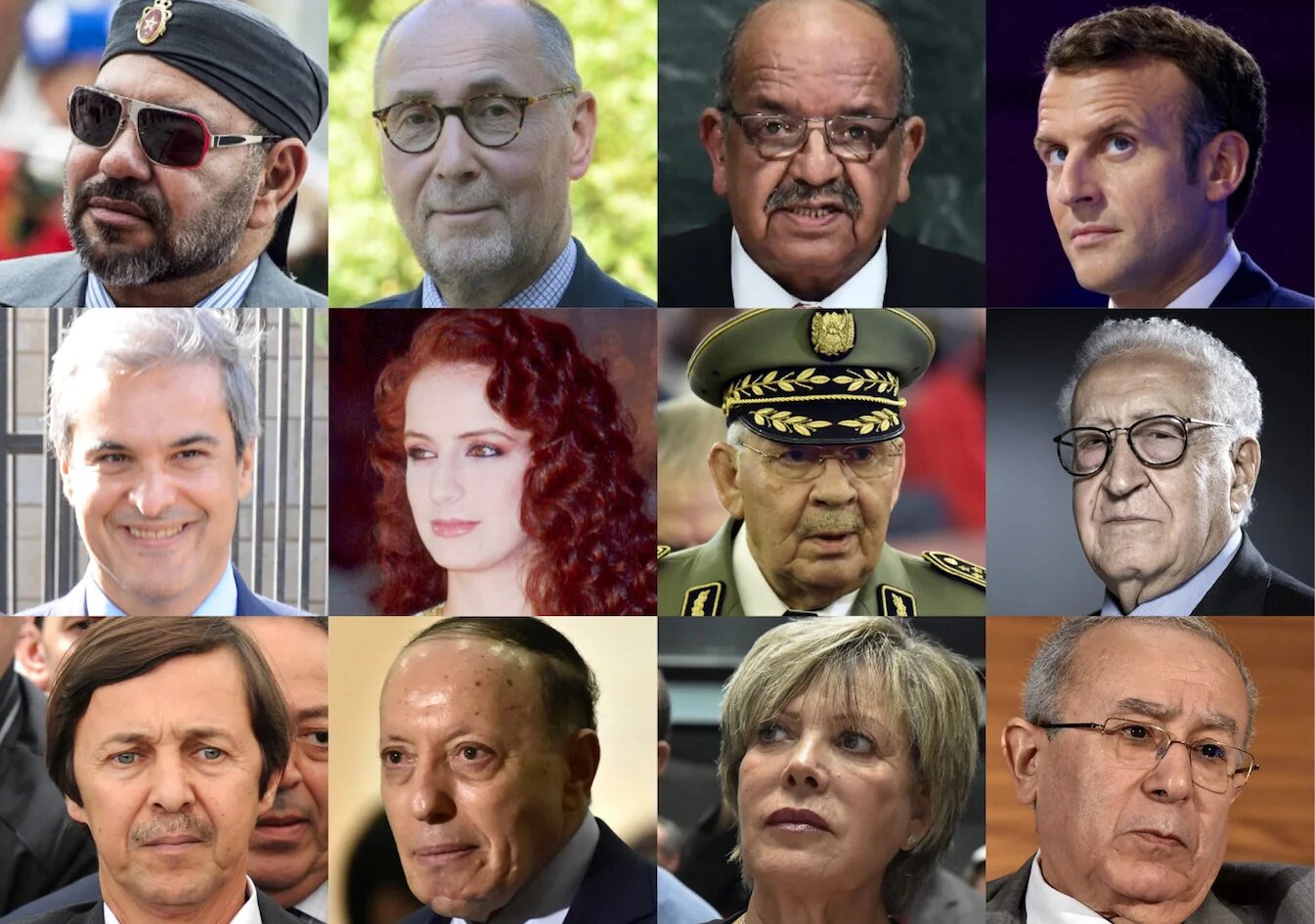 De gauche à droite en partant du haut : Mohammed VI, Xavier Driencourt, Abdelkader Messahel, Emmanuel Macron, Moulay Hicham, Salma Bennani, Ahmed Gaïd Salah, Lakhdar Brahimi, Saïd Bouteflika, Bachir Tartag, Zoubida Assoul, Ramtane Lamamra (AFP/MEE)