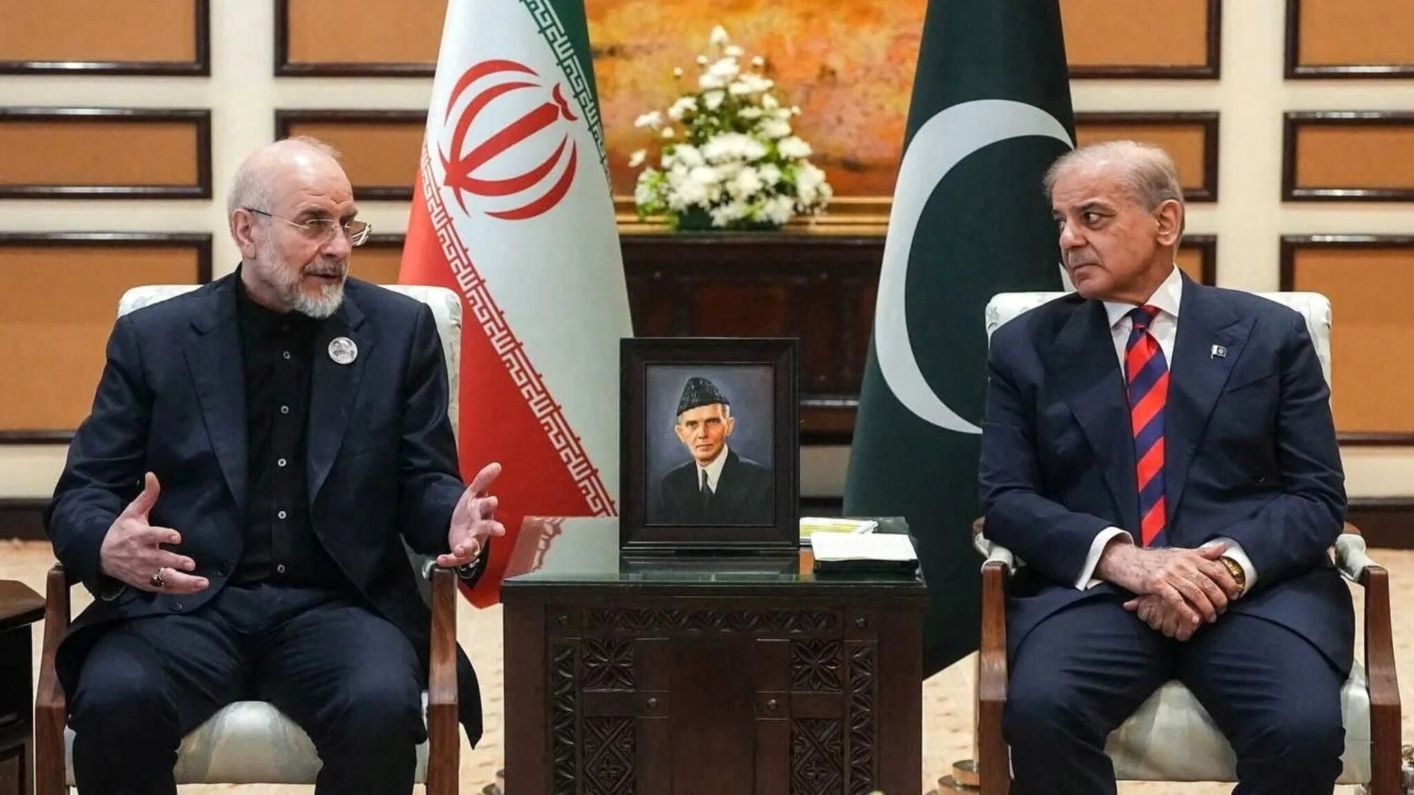 Pakistani Prime Minister Shehbaz Sharif meets with Iranian parliament speaker Mohammad Bagher Ghalibaf, ahead of US-Iran peace talks, in Islamabad, Pakistan, 11 April 2026 (Pakistan's Prime Minister Office/Handout/Reuters)