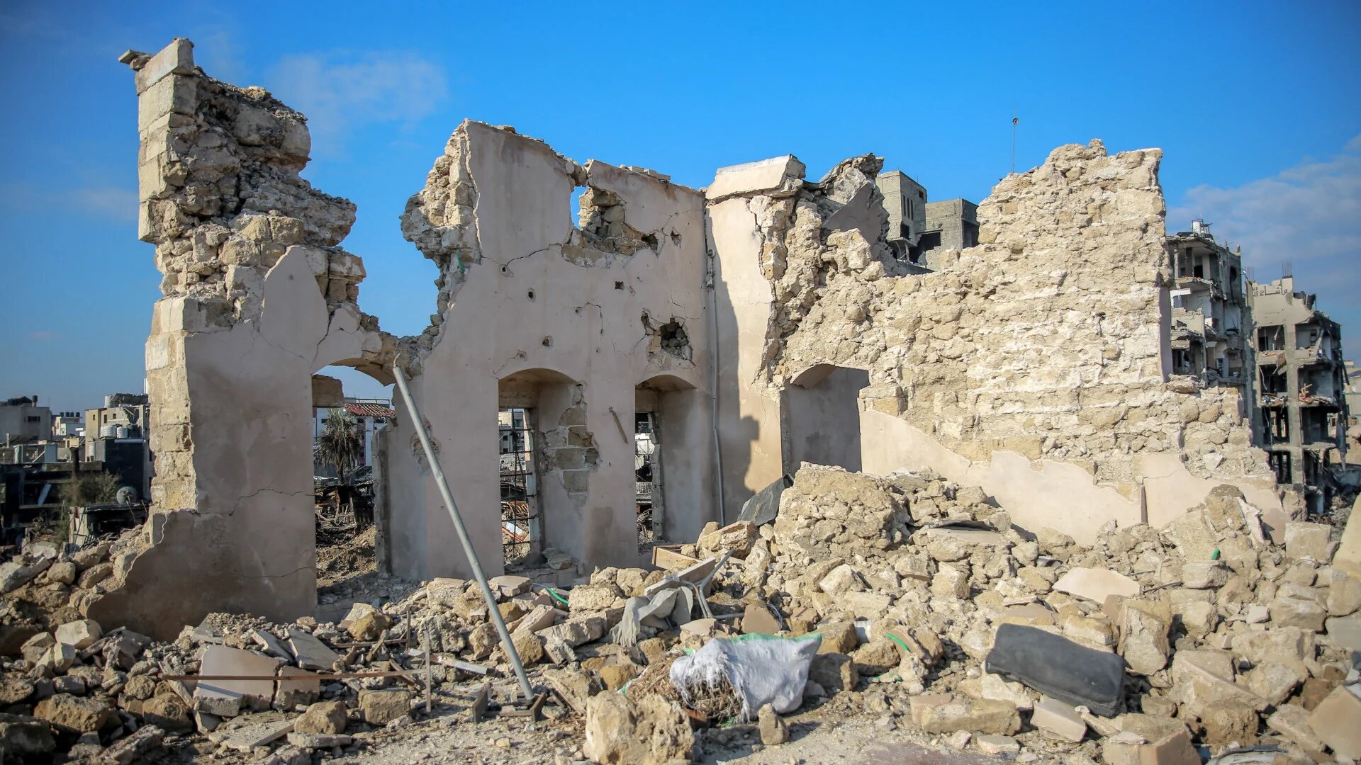 A photo taken on 5 January 2024 shows the 17th century Qasr al-Basha or the Pasha’s Palace, also known as Radwan dynasty castle, which houses a museum and a school, damaged by Israeli bombardment in Gaza City (AFP)