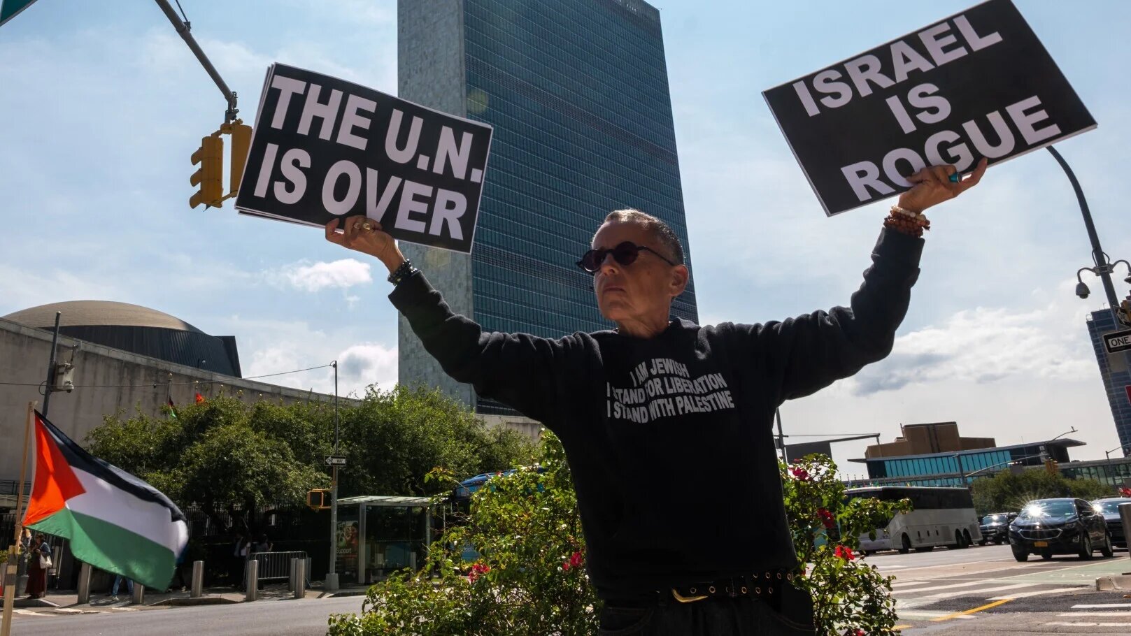 Pro-Palestine activists gather outside the United Nations headquarters in New York City on 9 September 2025 (Spencer Platt/Getty Images via AFP)