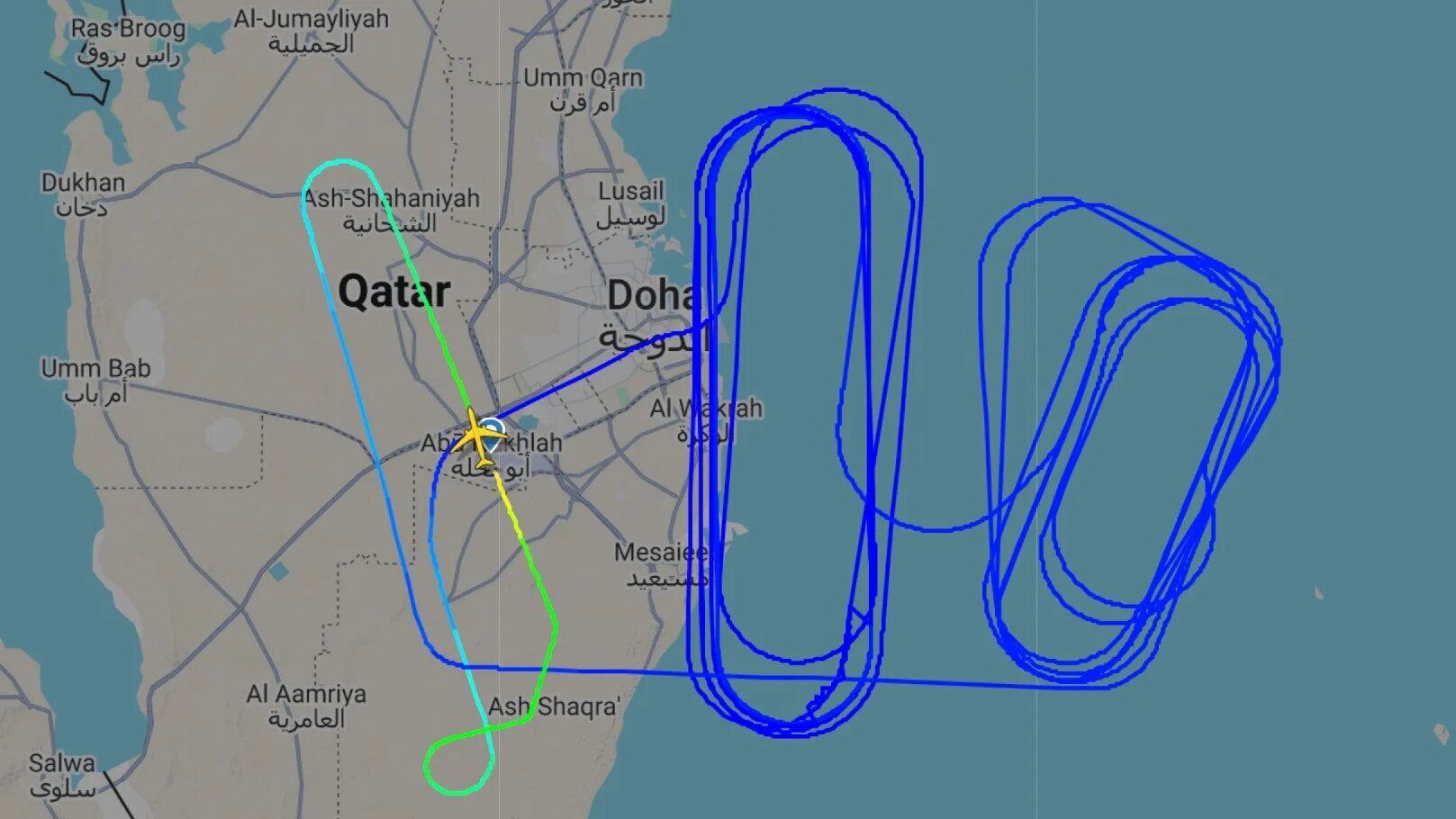 Publicly available flight data shows the path of the Voyager KC3 over Doha on Monday (Flight Radar 24)