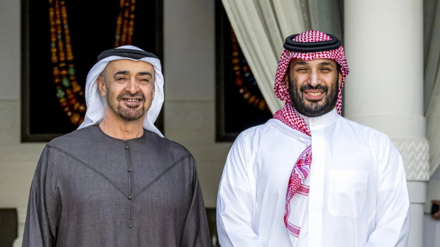 Saudi Arabia's Crown Prince Mohammed bin Salman receiving UAE President Mohamed bin Zayed Al Nahyan in Riyadh on 3 September 2025 (Abdulla al-Bedwani/UAE Presidency/AFP)