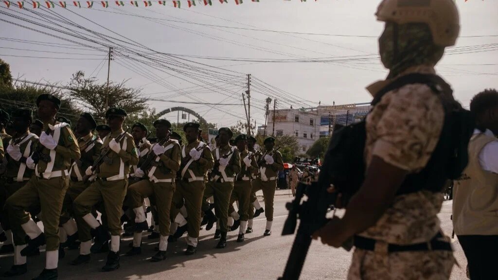 Somaliland prison guards parade at the 35th Independence Day celebrations near the presidential palace in Hargeisa's Shap neighbourhood on 18 May 2026 (Kang-Chun Cheng/AFP)