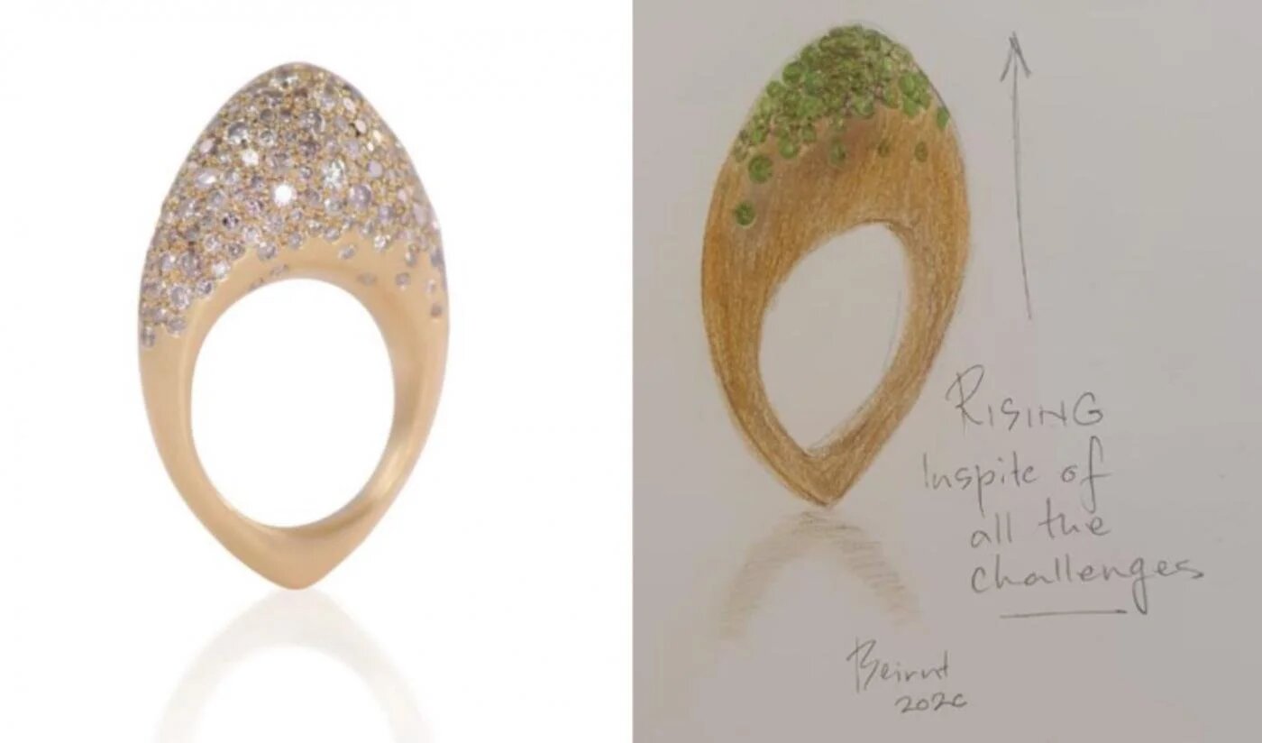 Cette bague est censée représenter la résilience de Beyrouth mais n’a pas reçu un bon accueil sur internet (capture d’écran/réseaux sociaux/Forbes)
