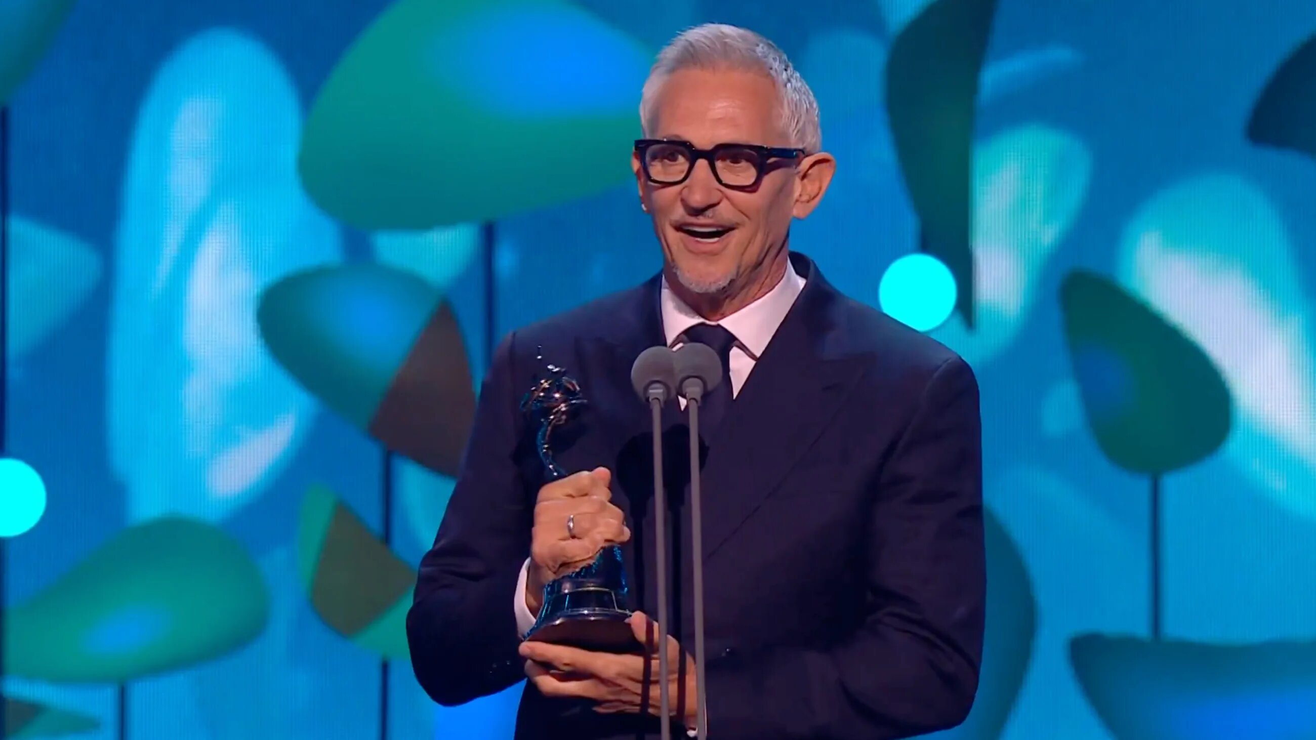 Gary Lineker, former England footballer and Match of the Day presenter, accepts the TV Presenter of the Year award at the 2025 National Television Awards in London. (Screenshot: X)