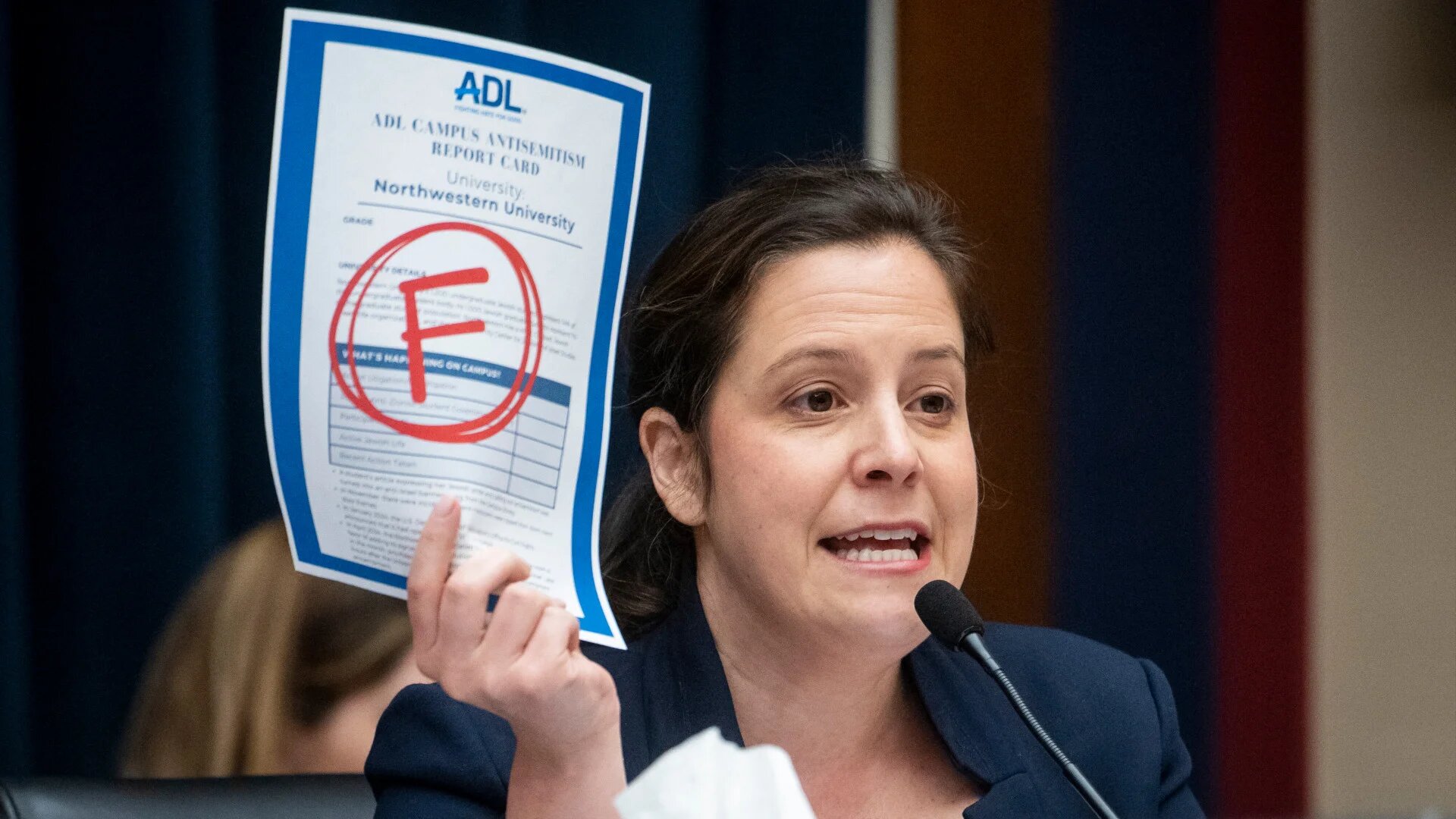 US House Representative Elise Stefanik questions Northwestern University President Michael Schill during a congressional hearing, "Calling for Accountability: Stopping Antisemitic College Chaos" in Washington, DC, on 23 May 2024 (Rod Lamkey/CNP via Reuters)