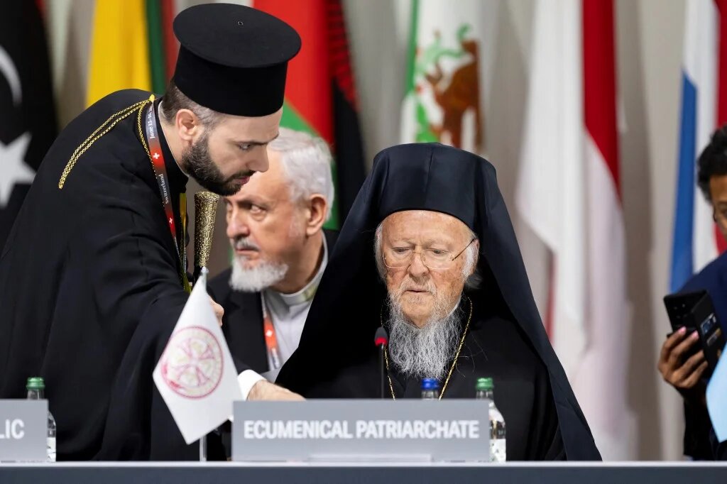 Ecumenical Patriarch Bartholomew of Constantinople arrives for a plenary session during a Summit on Peace in Ukraine at the luxury Burgenstock resort, near Lucerne in central Switzerland, on June 16, 2024. (AFP)
