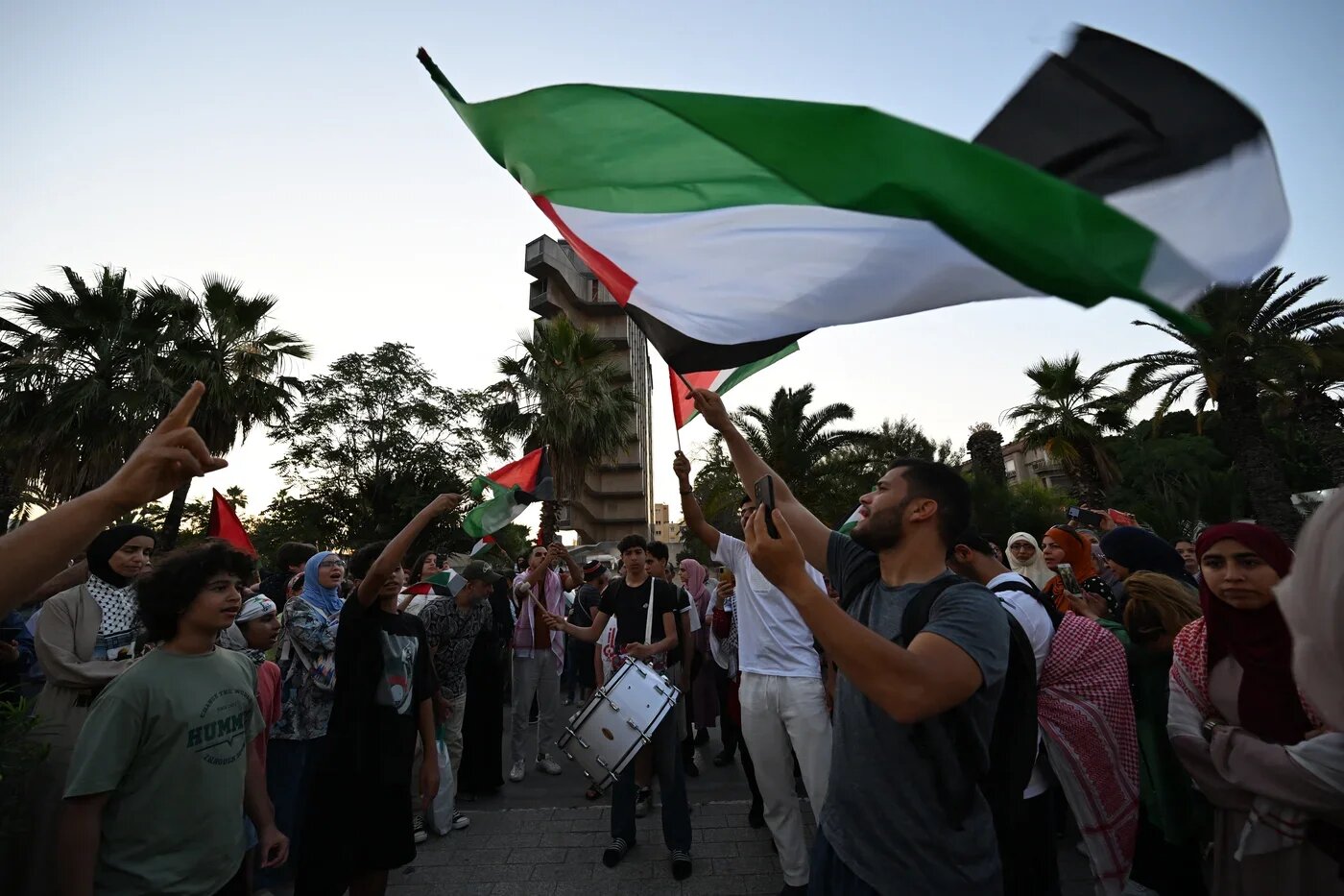 Tunisians wave the Palestinian flag as they gather in Tunis on 9 June 2025, ahead of the departure of a land convoy named Sumud, meaning steadfastness, to break the siege on Gaza (Fethi Belaid/AFP)