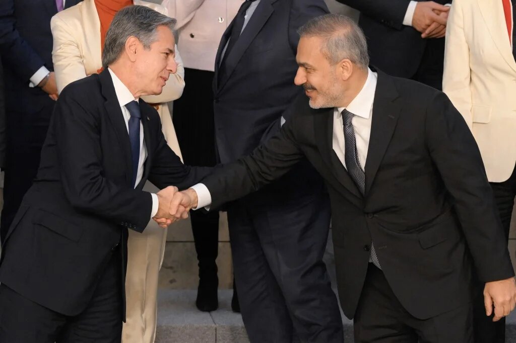 US Secretary of State Antony Blinken (left) with Turkey's Foreign Minister Hakan Fidan at a Nato meeting in Brussels last week (John Thys/AFP)