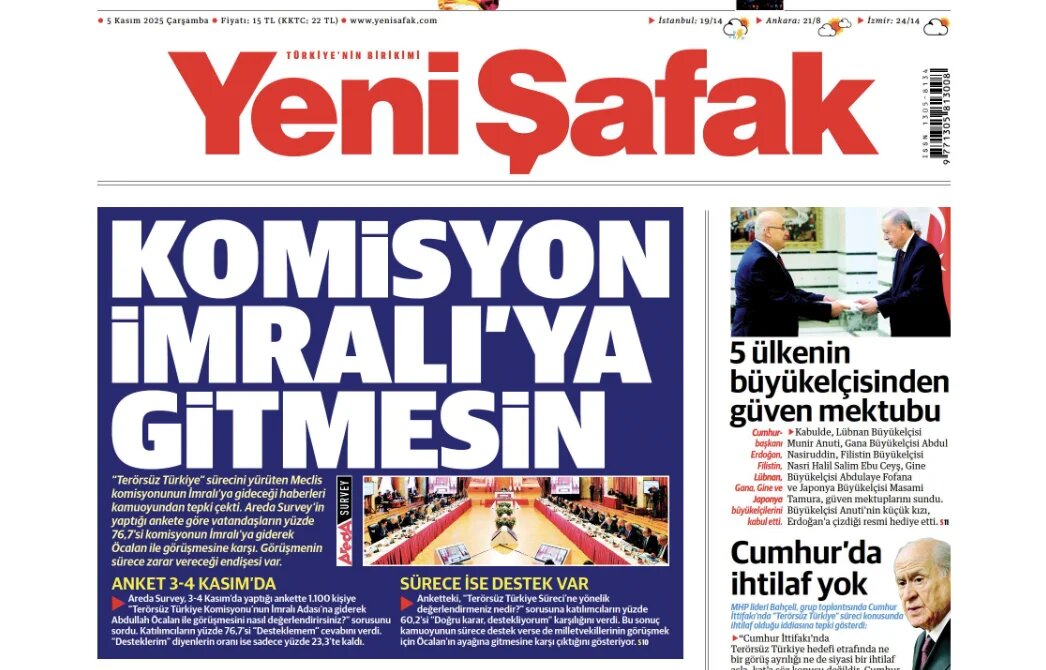 Turkish newspaper Yeni Safak says on 5 November 2025 in the headline that parliamentary commission shouldn't visit PKK leader Abdullah Ocalan in Imrali Island where he has been imprisoned for decades. (Screengrab)