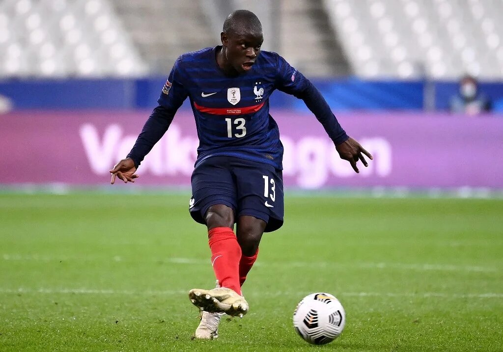 France's midfielder NGolo Kante kicks the ball during the Nations League football match between France and Portugal, on October 11, 2020 at the Stade de France in Saint-Denis, outside Paris. (FRANCK FIFE / AFP)