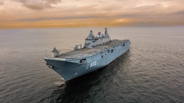 An aerial view of the world's first armed unmanned aerial vehicle ship and Turkey largest warship, the Multi-Purpose Amphibious Assault Ship TCG Anadolu in sea, Turke on December 06, 2022. (AA)