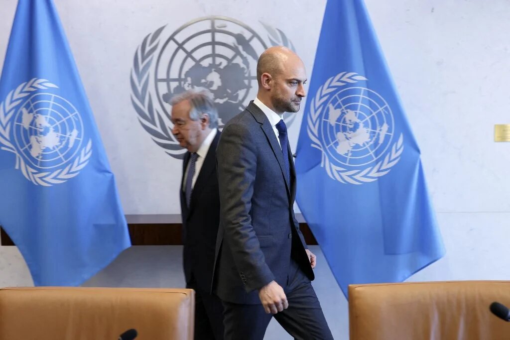 UN Secretary General Antonio Guterres and French Minister of Foreign Affairs Jean-Noel Barrot at a UN conference on a two-state solution, at UN headquarters in New York on 29 July 2025 (Charly Triballeau/AFP)