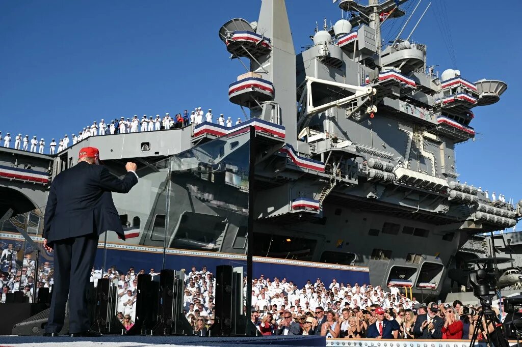 US President Donald Trump visits the USS Harry S Truman during the US Navy's 250th anniversary celebration at Naval Station Norfolk in Virginia, 5 October 2025 (Saul Loeb/AFP)