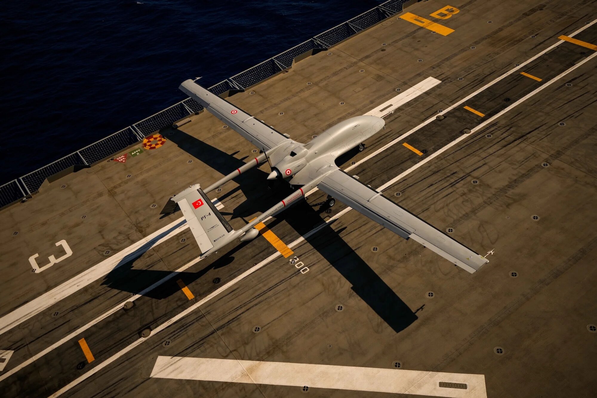 A Turkish-made TB3 drone is seen on board of Turkish aircraft carrier TCG Anadolu in an undated photo. (Handout)