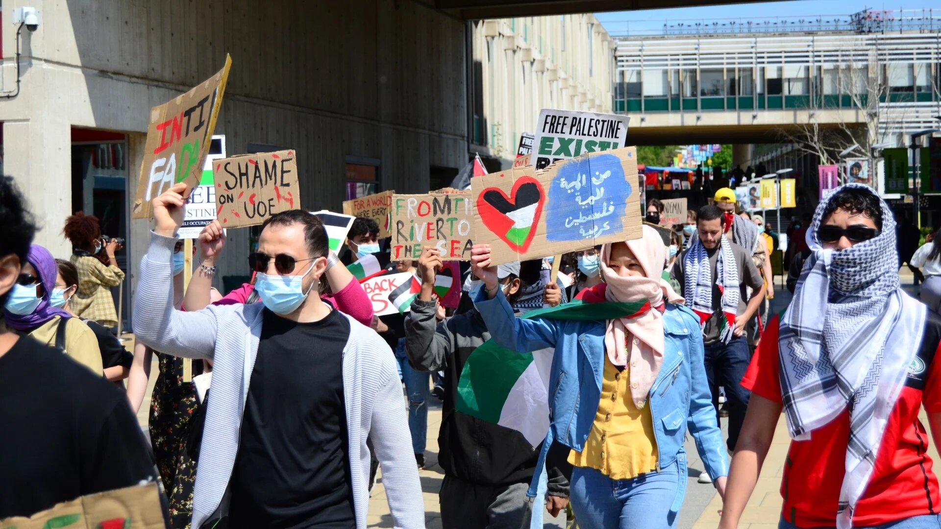 Students at the University of Essex protesting against the university's treatment of pro-Palestine student activists and its continued partnership with BAE systems (Supplied)