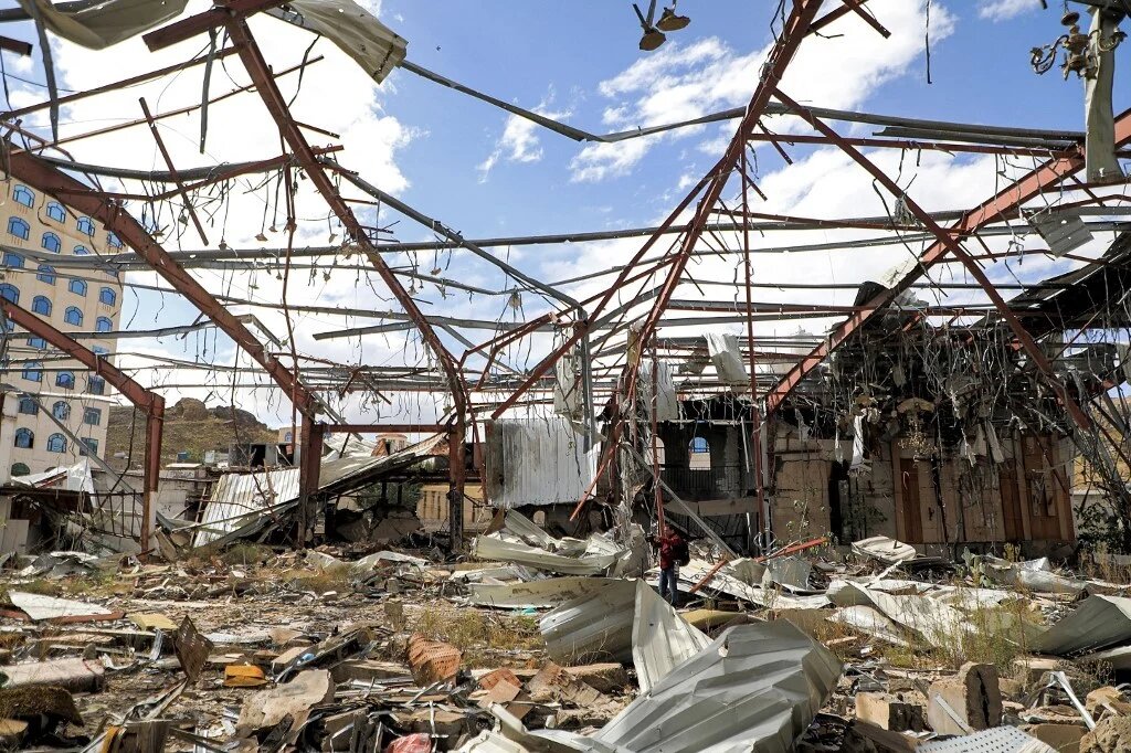 A funeral hall in Sanaa which the Saudi-led coalition bombed in 2016, killing at least 140 and injuring 500 (AFP)
