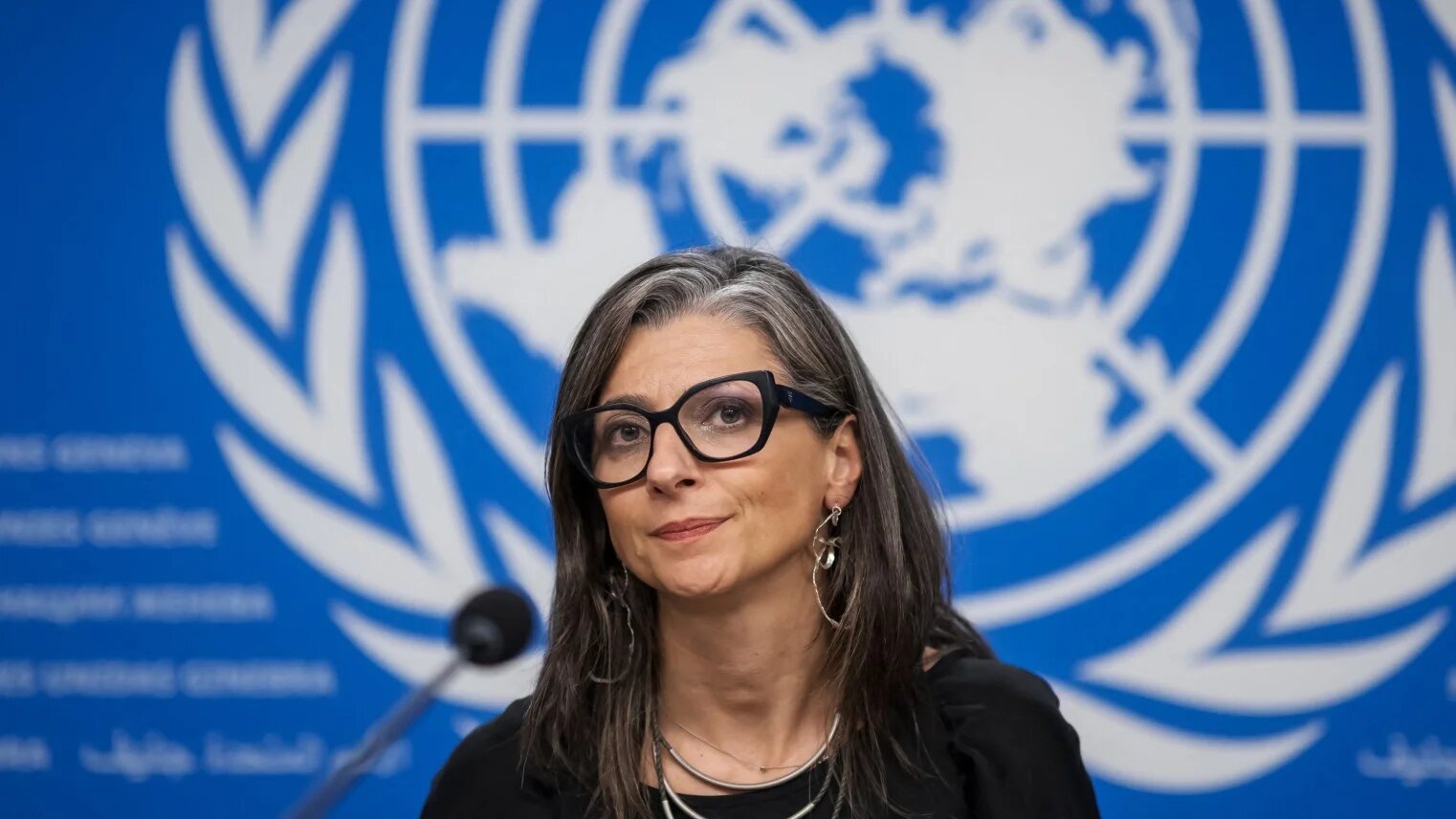 United Nations Special Rapporteur on the occupied Palestinian territories Francesca Albanese looks on at the end of a press conference on the human rights situation in Gaza in Geneva on 15 September 2025 (AFP)