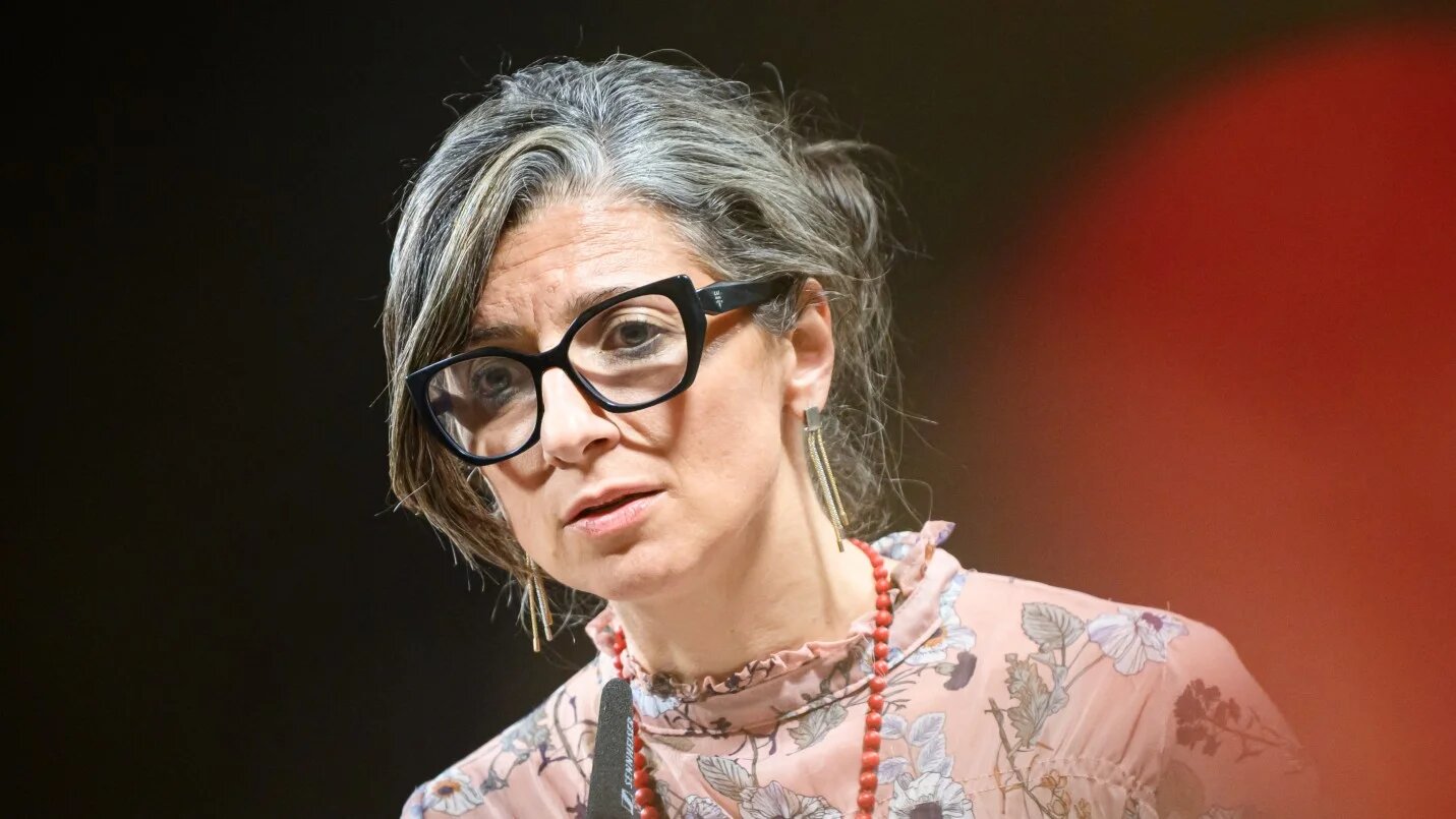Francesca Albanese gives a statement after meeting with the Slovenian parliament's Friendship Group with Palestine, in Ljubljana, on 10 July 2025 (AFP)