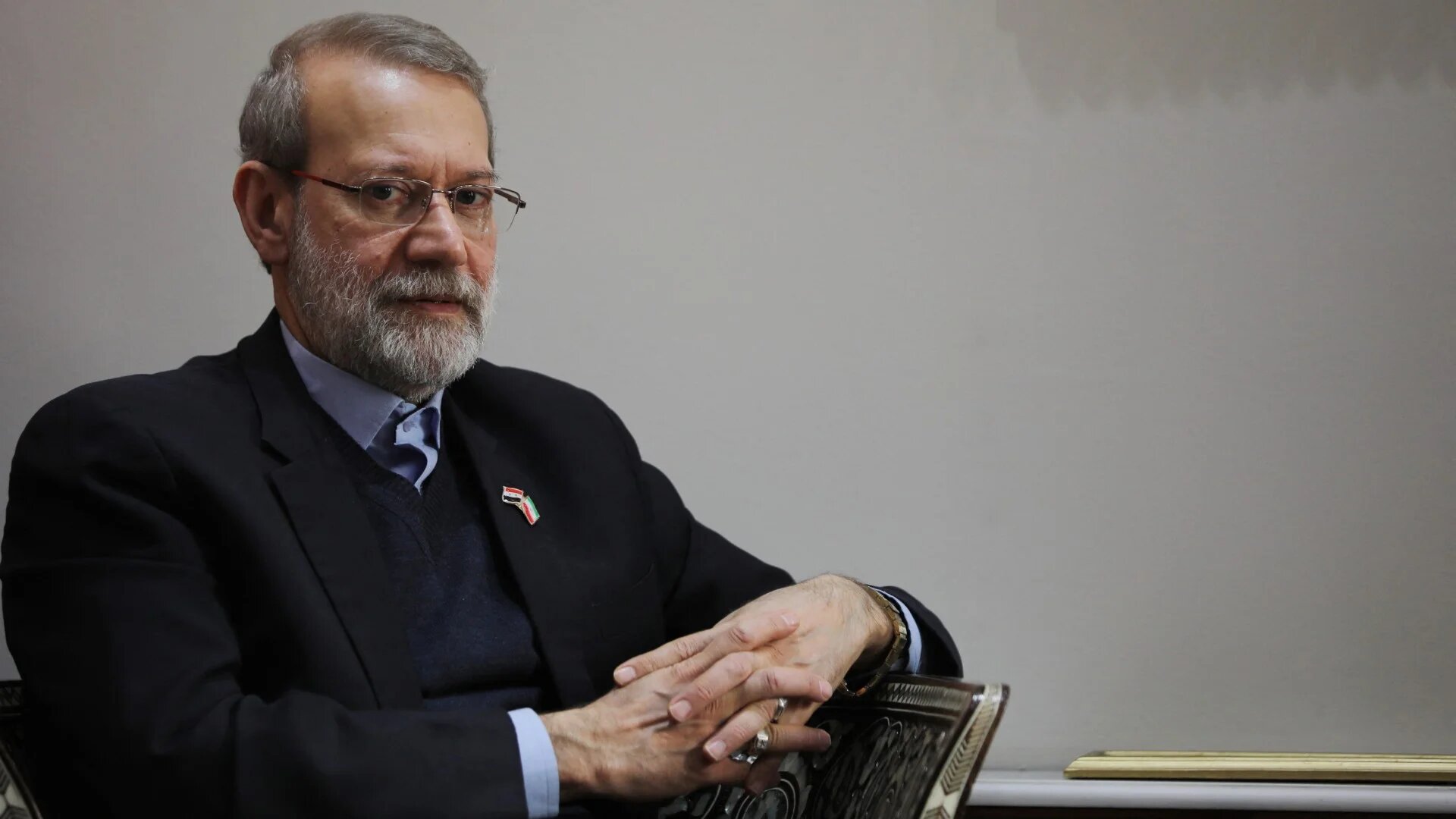 Ali Larijani is pictured during a meeting in Damascus on 16 February 2020 (AFP/Louai Beshara)