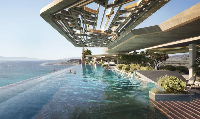 Une piscine à débordement de 450 mètres de long à 36 mètres au-dessus de la mer : l’hôtel veut proposer à ses clients « une expérience grandiose », « comme s’ils flottaient, avec une vue panoramique à couper le souffle sur le lagon, les coraux vifs et les eaux tranquilles et ininterrompues qui s’étendent à l’horizon » (Neom)