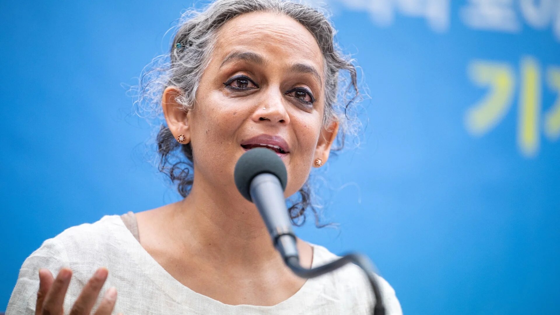 Indian author Arundhati Roy, Grand Laureate for the 2020 Lee Hochul Literary Prize for Peace, speaks during a press conference in Seoul on November 25, 2021 (Anthony Wallace/AFP)
