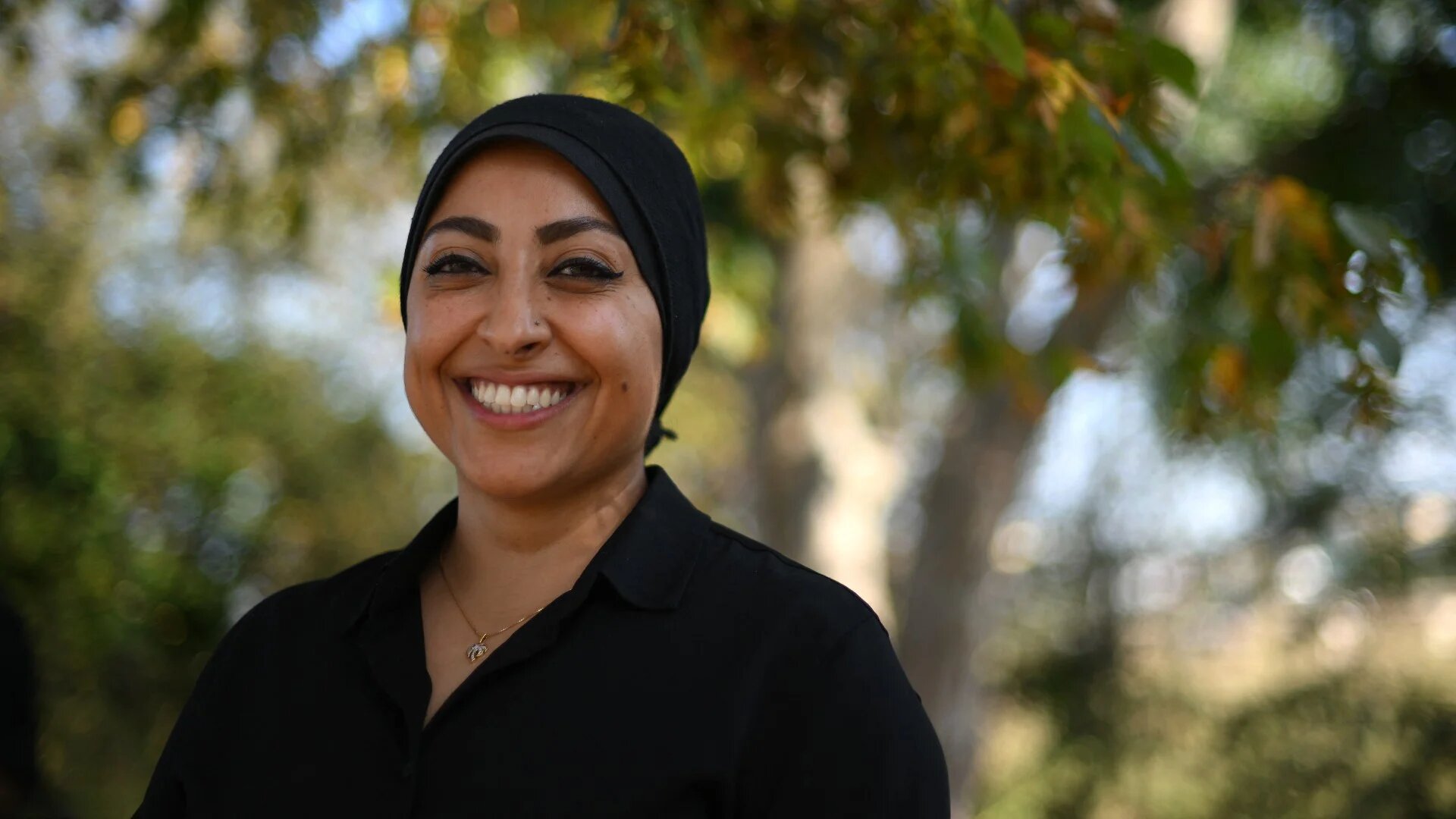 Bahraini activist Maryam al-Khawaja poses for a picture near Heathrow airport, west of London, on 15 September 2023 (AFP/Daniel Leal)